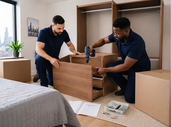 Furniture assembly crew working in a Chicago high-rise apartment