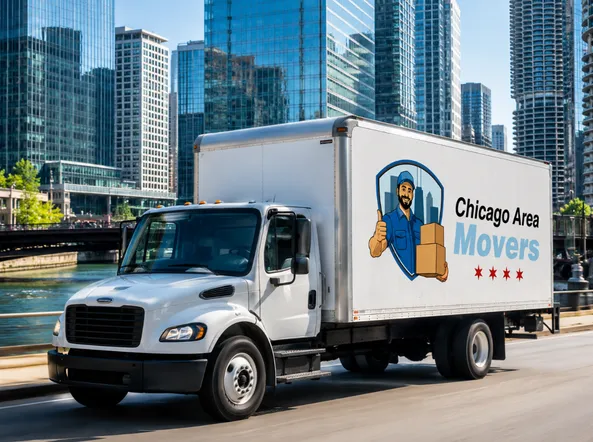 Chicago Area Movers truck driving along the Chicago riverfront