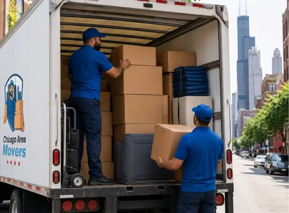 Chicago Area Movers crew loading boxes into a truck from a loading dock