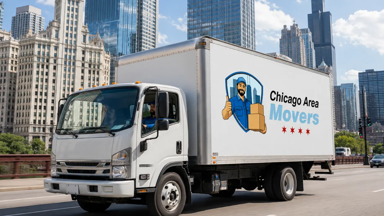 Chicago Area Movers box truck driving past historic downtown Chicago buildings and skyscrapers