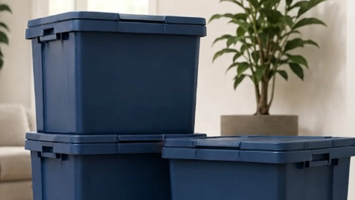 Stacked blue reusable moving bins in a bright living room beside a potted plant