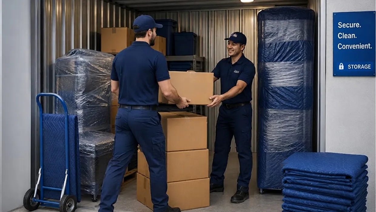 Two movers in navy uniforms passing a box inside a storage unit with wrapped furniture and moving blankets