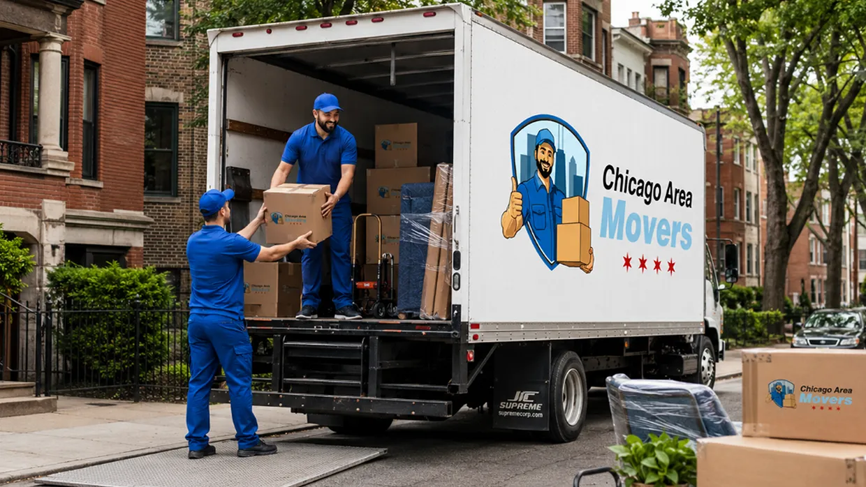 Chicago Area Movers crew passing a box from a truck lift gate on a brick-lined Chicago street