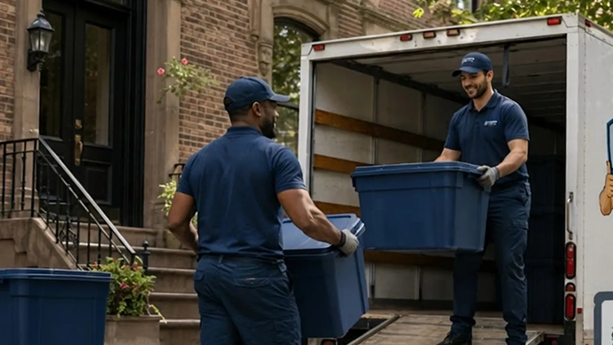 Two movers carrying blue storage bins between a brownstone stoop and a moving truck