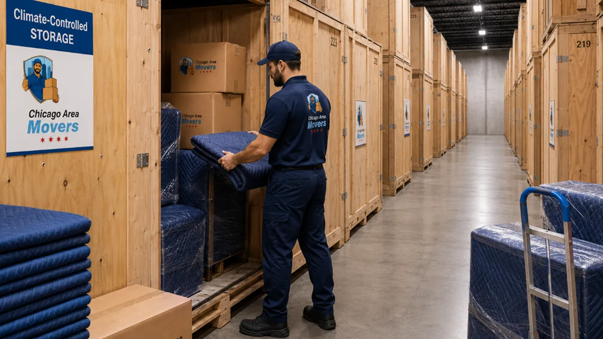 Chicago Area Movers crew member laying moving blankets in a climate-controlled wooden storage vault