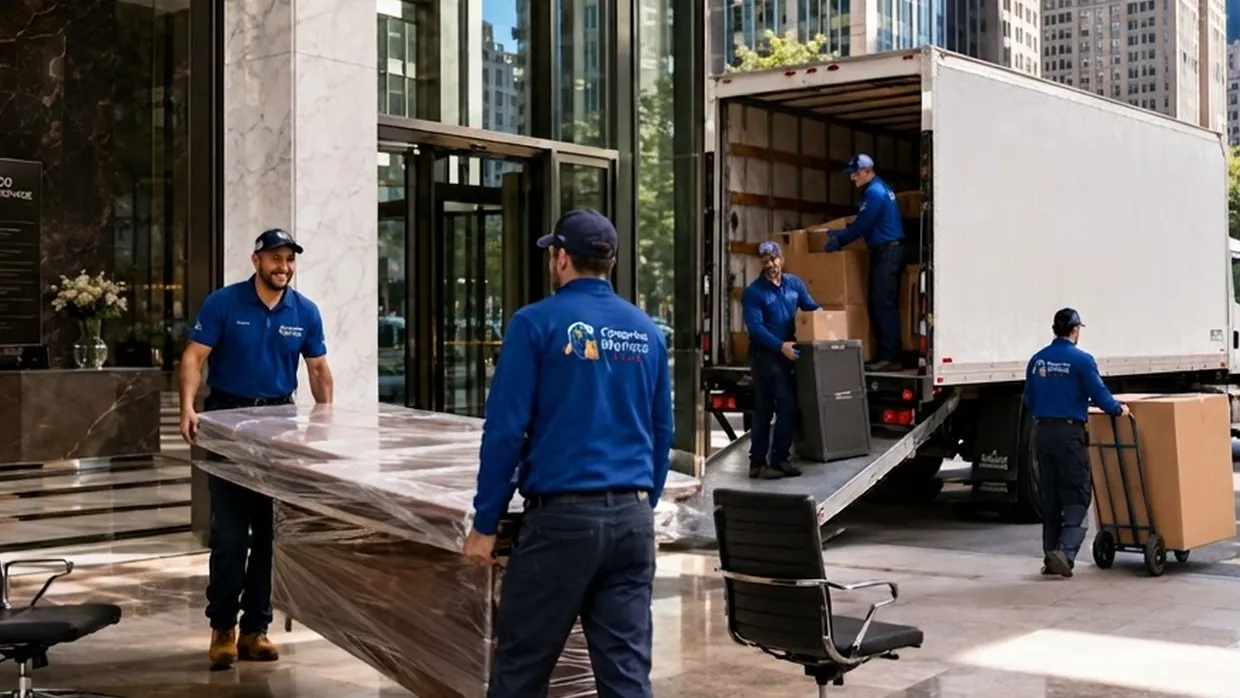 Chicago Area Movers crew carrying a wrapped table into a marble office lobby with the truck unloading outside
