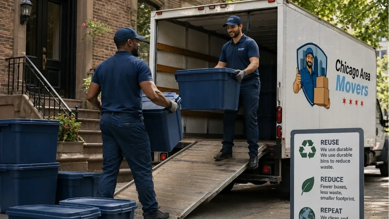 Two movers carrying blue reusable bins down a truck ramp beside a sign about reuse and recycling