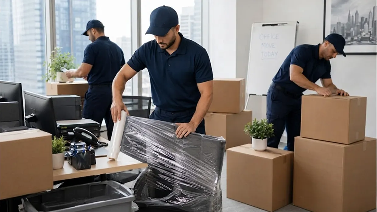 Movers in navy uniforms wrapping a computer monitor with stretch film and packing boxes in a downtown office