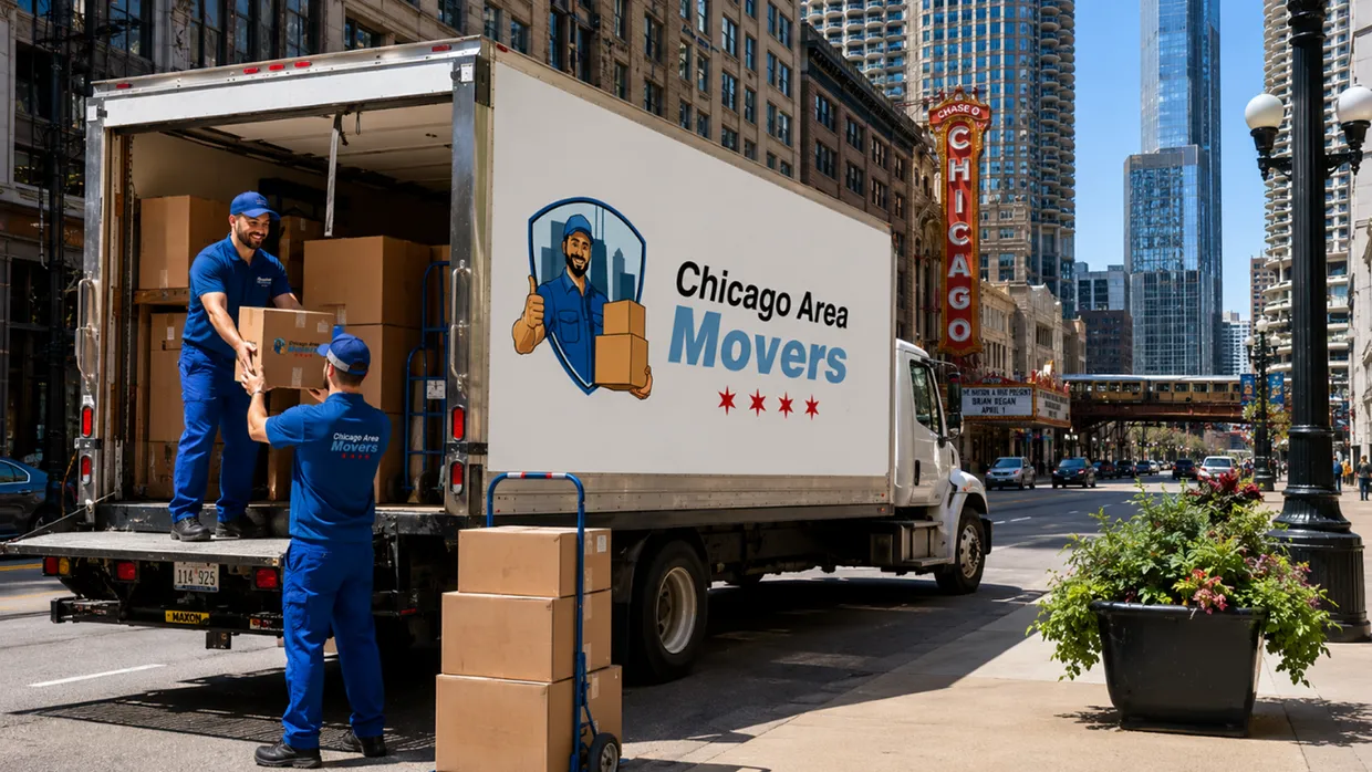 Chicago Area Movers crew unloading boxes from a truck on a downtown Chicago street