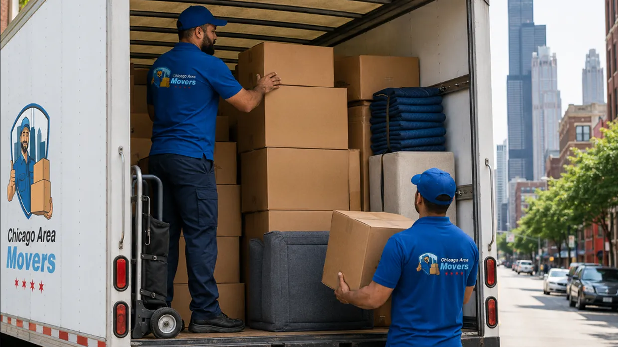 Chicago Area Movers crew loading boxes, moving blankets and wrapped furniture into a truck on a Chicago street