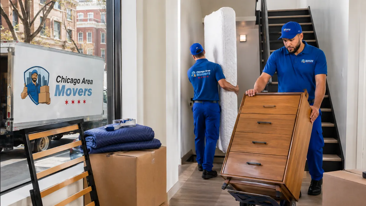 Chicago Area Movers crew carrying a mattress and rolling a wood dresser on a hand truck up a staircase