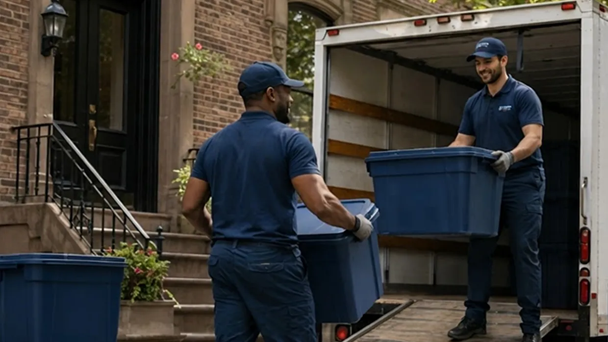 Two movers carrying blue storage bins between a brownstone stoop and a moving truck