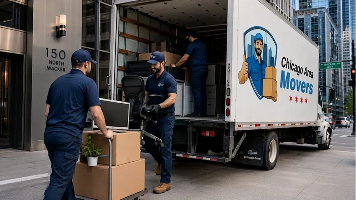 Chicago Area Movers crew unloading office furniture, a monitor and a chair from a truck on a hand truck