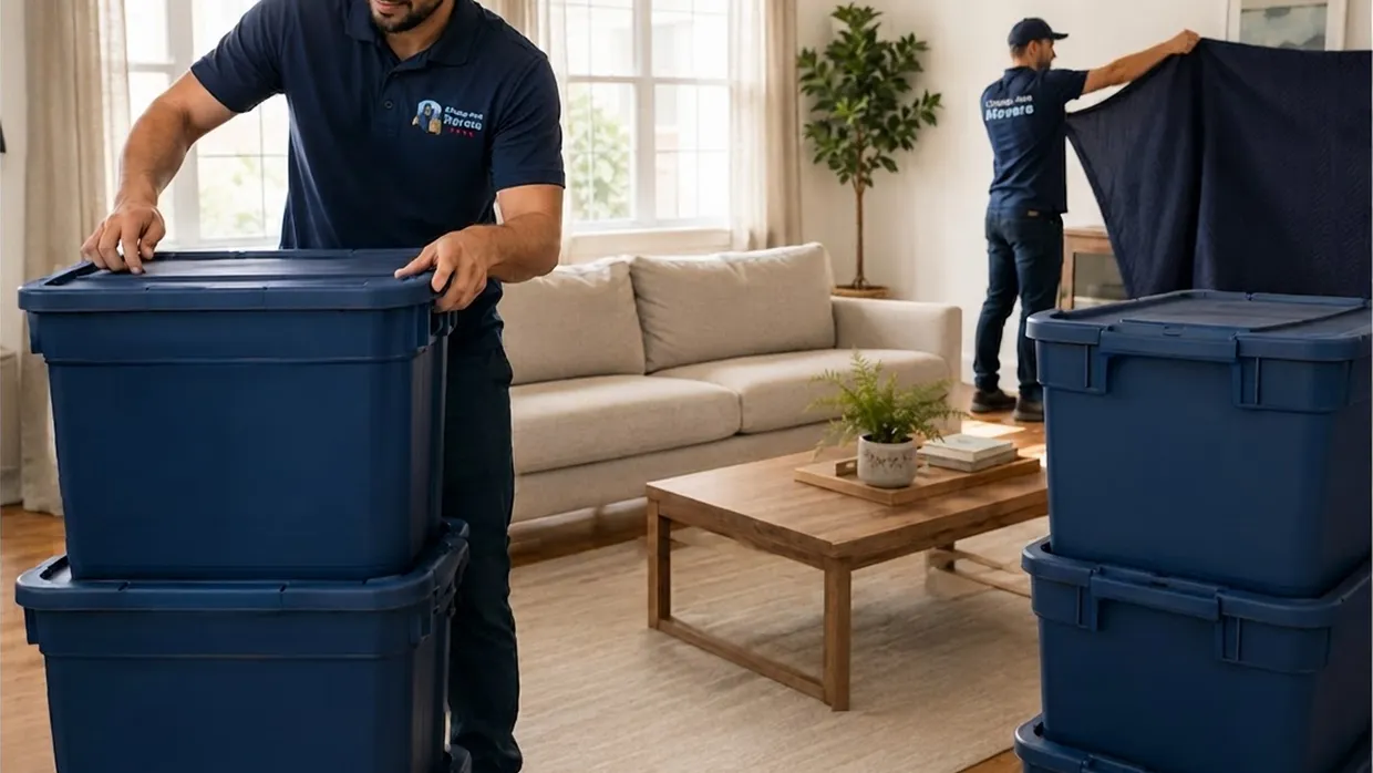 Mover stacking blue reusable bins in a living room while a second mover drapes a moving blanket