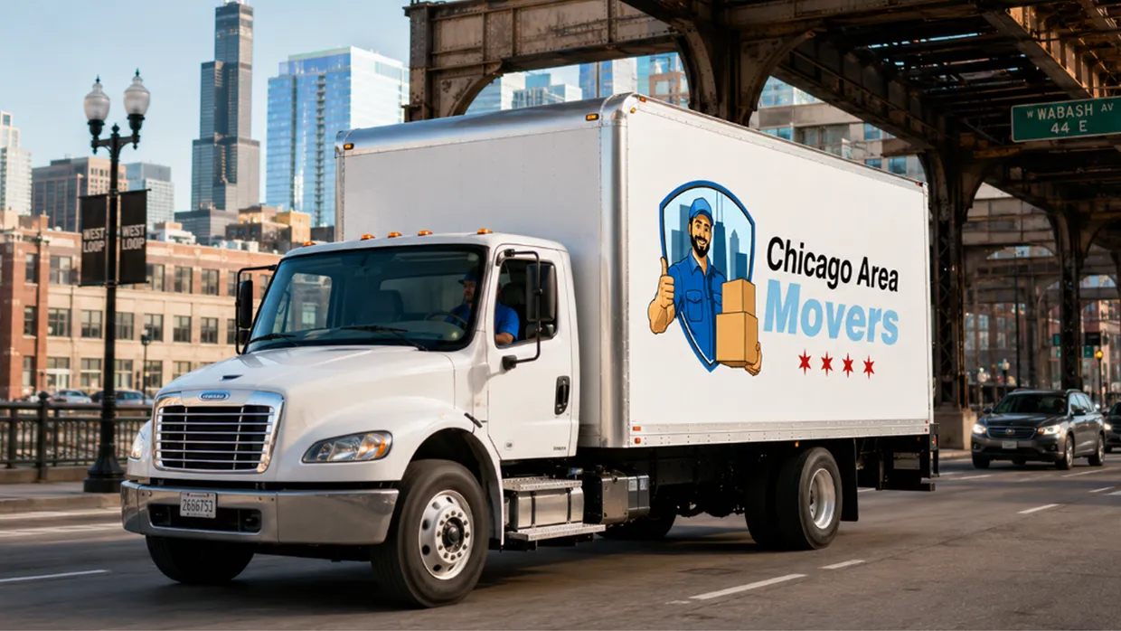 Chicago Area Movers box truck driving under the elevated train tracks in downtown Chicago