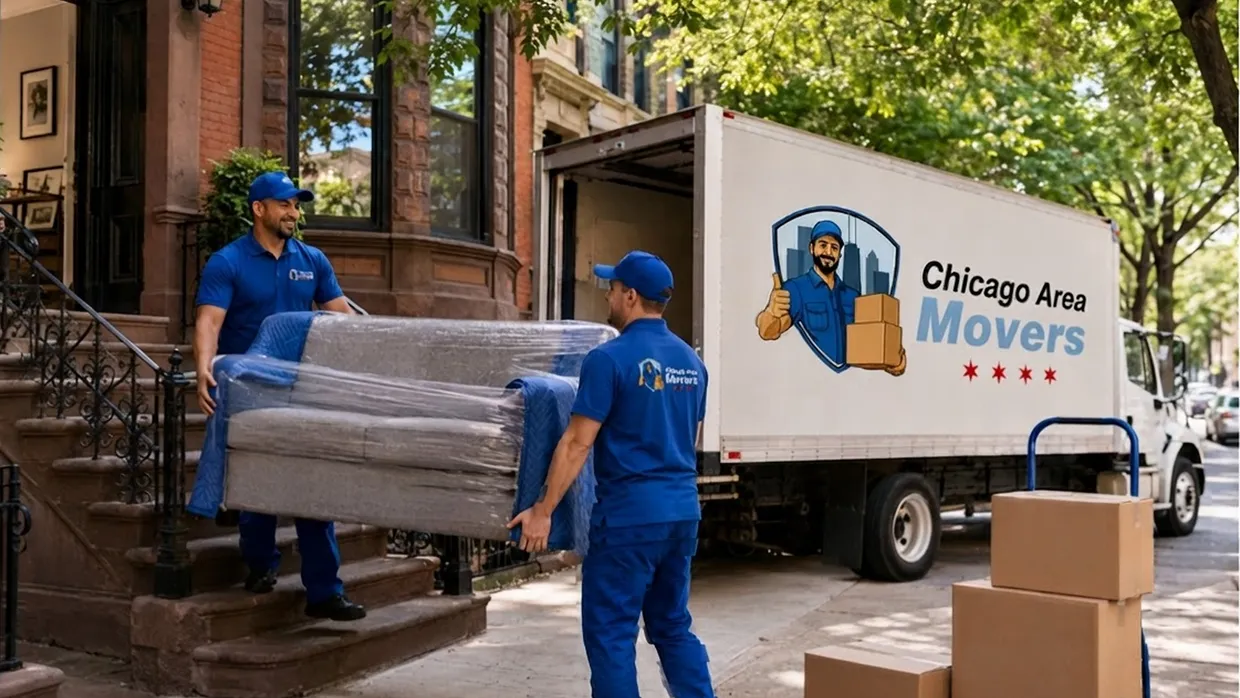 Chicago Area Movers crew carrying a plastic-wrapped sofa down brownstone stairs beside the branded truck