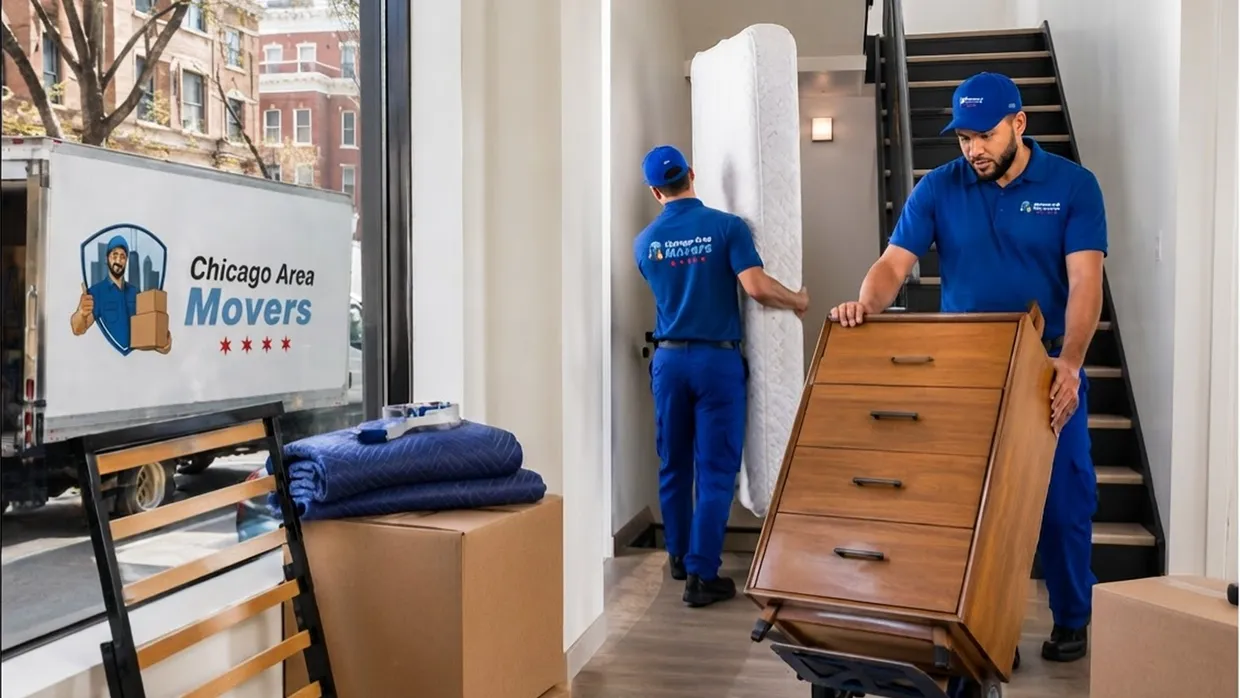 Chicago Area Movers crew carrying a wrapped dresser and mattress inside a bright apartment