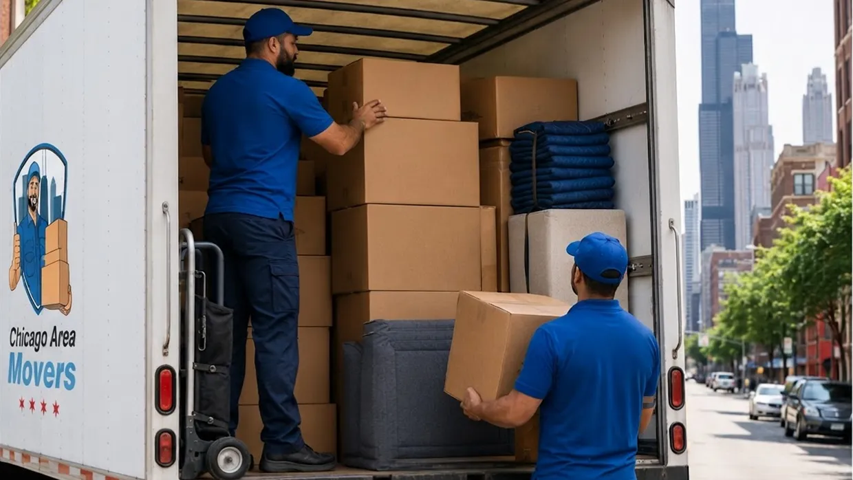 Two movers in Chicago Area Movers uniforms stacking boxes and moving blankets inside a truck on a city street