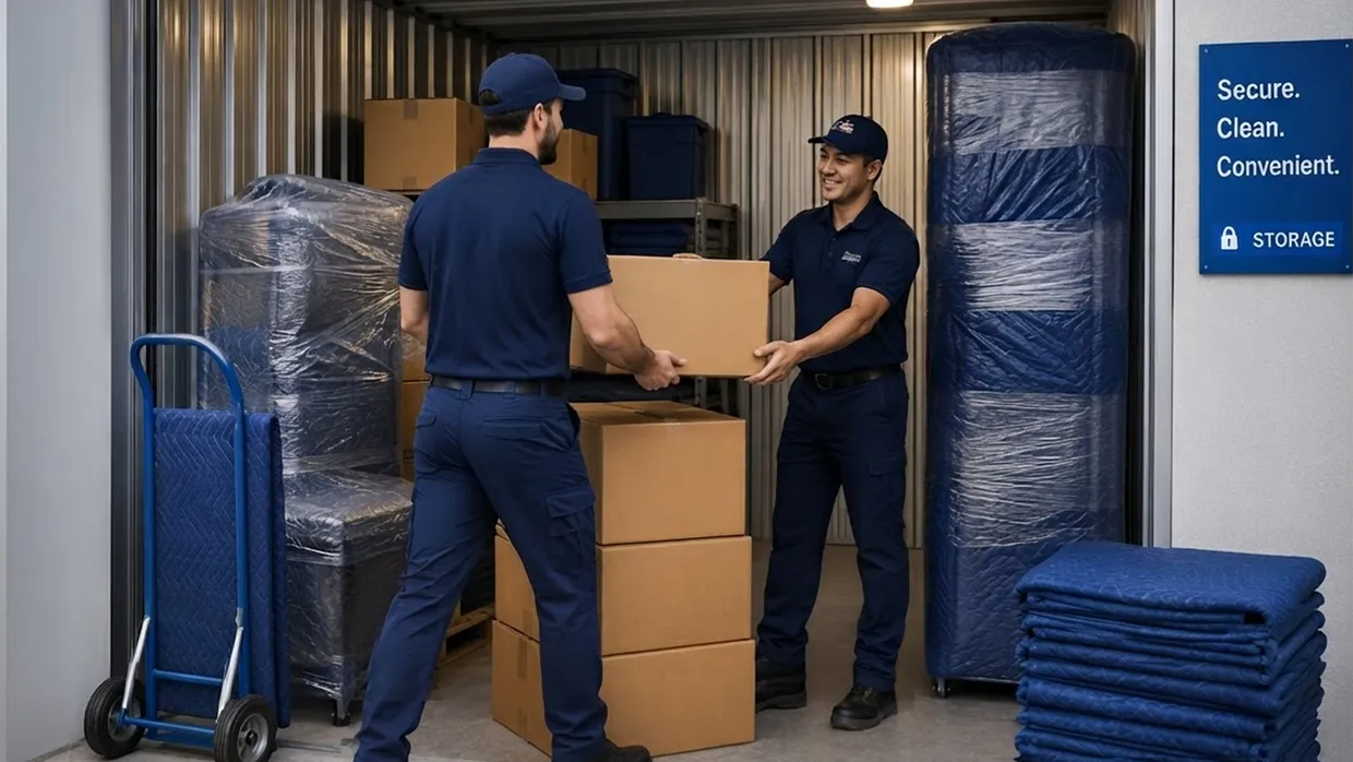 Two movers handing a box between them inside a storage unit with wrapped furniture and moving blankets