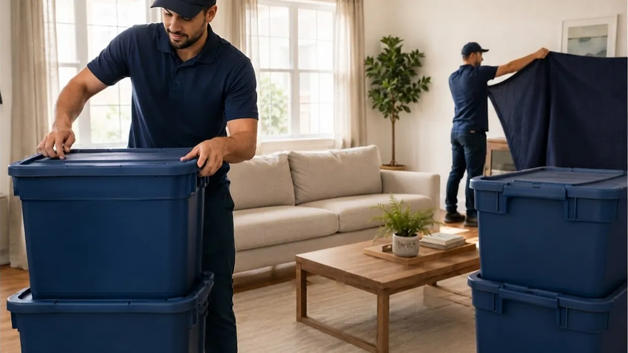 Mover stacking blue storage bins in a living room while a second mover drapes a moving blanket