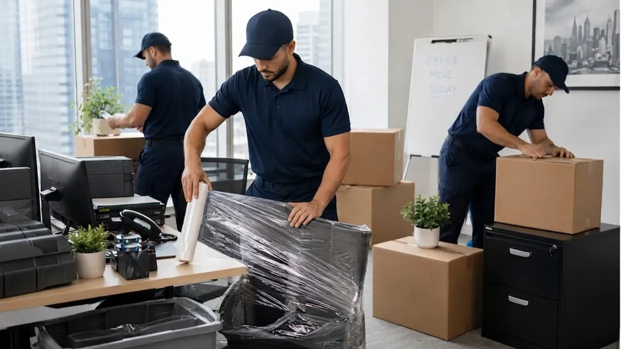 Movers in navy uniforms wrapping office equipment and packing boxes in a high-rise office