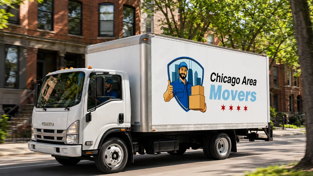 Chicago Area Movers truck driving down a tree-lined Chicago street