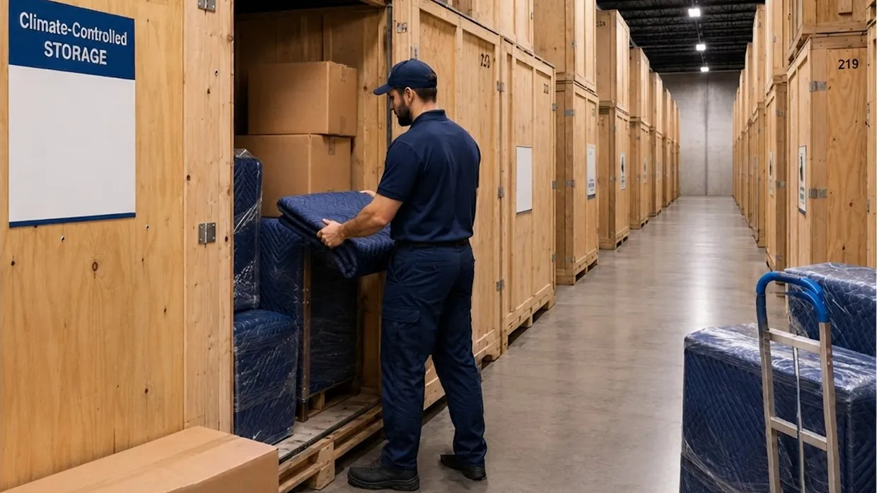 Mover placing moving blankets in a climate-controlled wooden storage vault