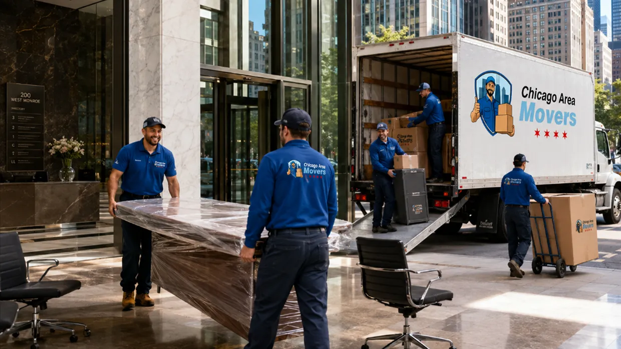 Chicago Area Movers crew carrying a wrapped desk into a downtown Chicago office lobby beside the moving truck