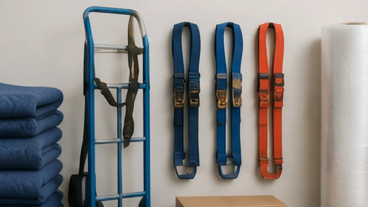 Moving blankets, hand truck, ratchet straps and shrink wrap hanging on a wall in a moving equipment area