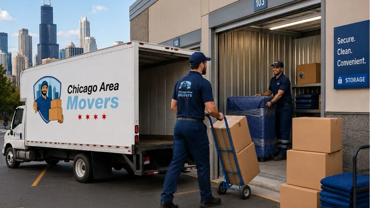 Chicago Area Movers crew unloading a truck with a hand truck at a self-storage facility entrance