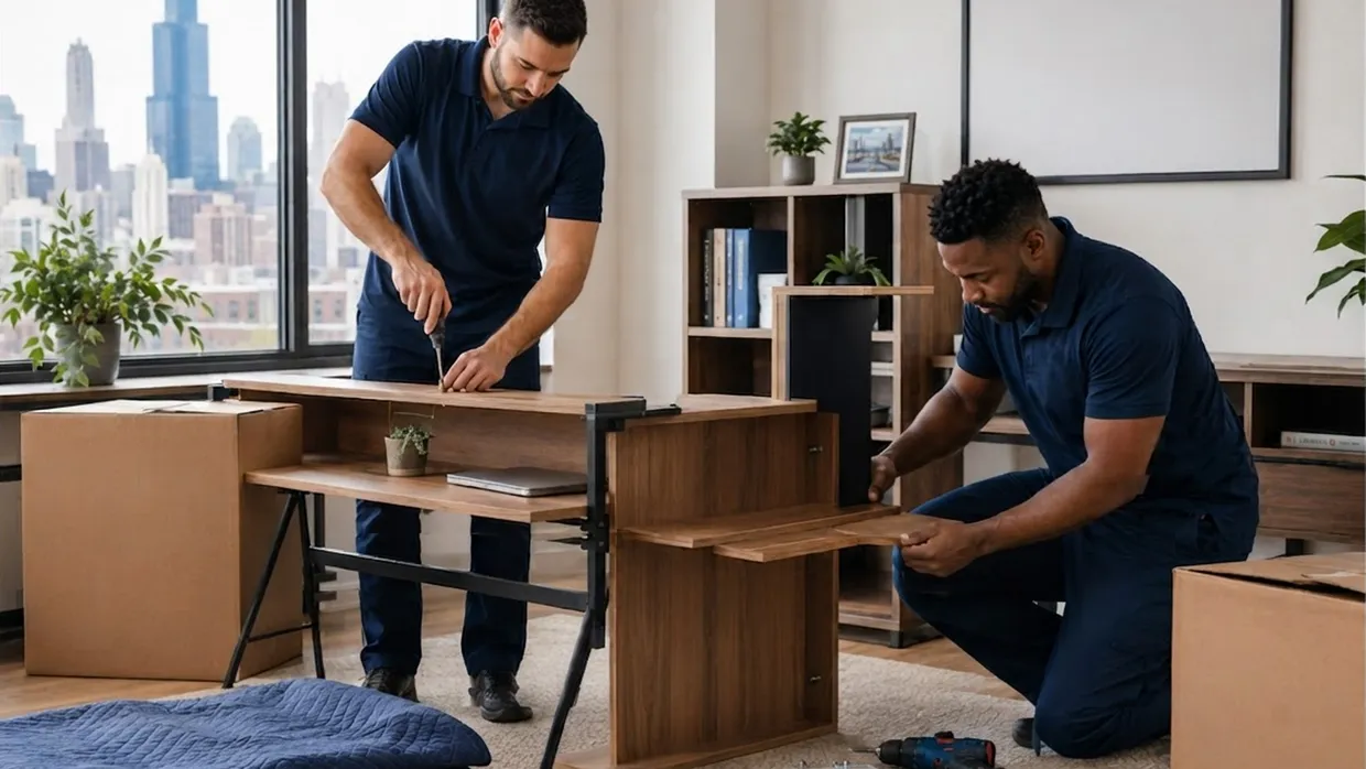 Two movers assembling a wood desk and shelving unit in a home office with city views