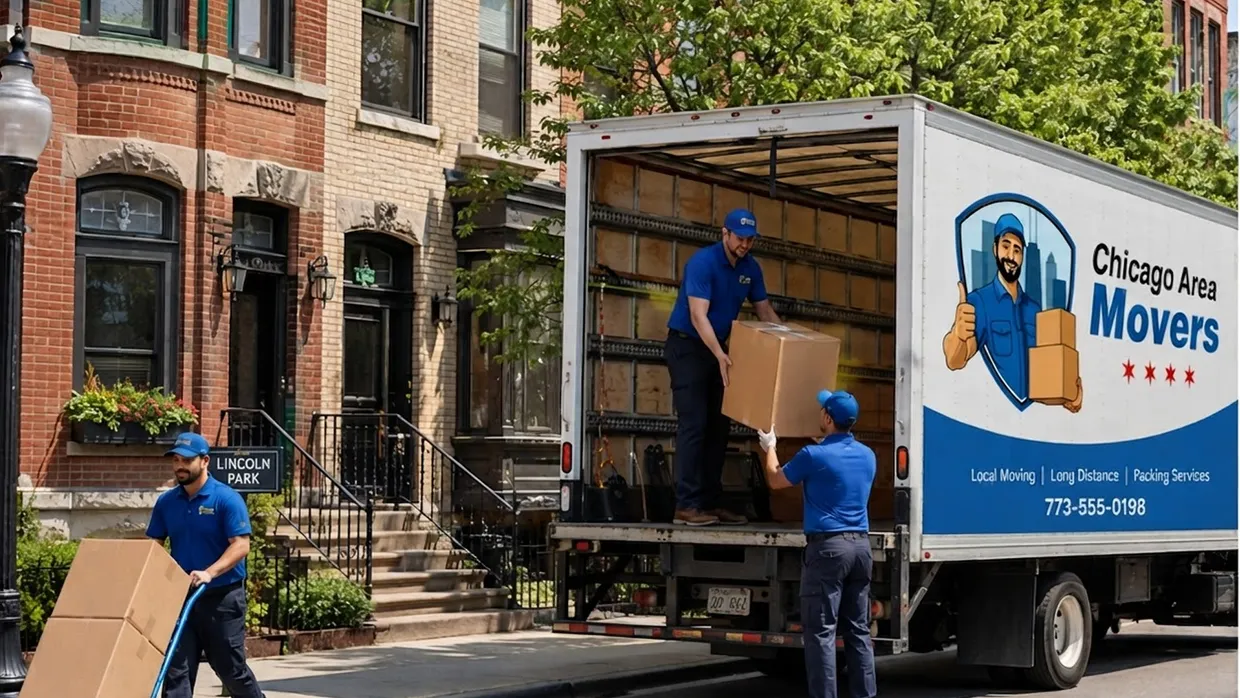 Chicago Area Movers crew loading boxes into a truck on a Lincoln Park street with a hand truck at the curb