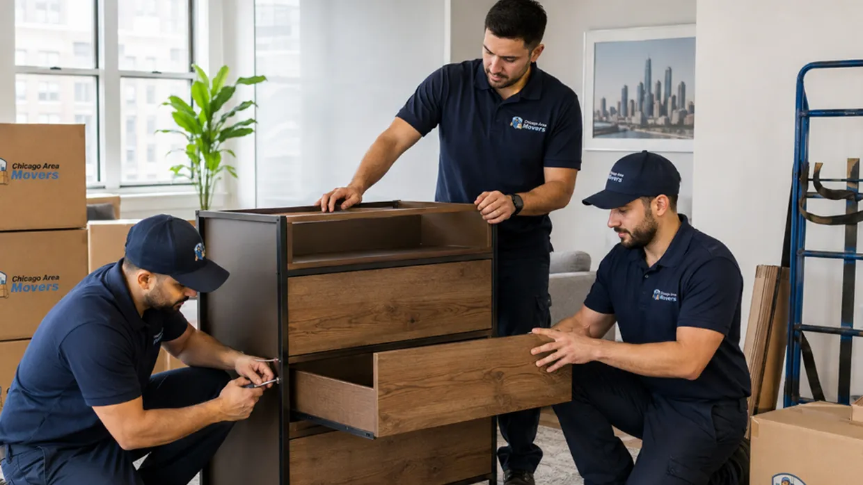 Chicago Area Movers crew assembling a dresser in a high-rise apartment next to branded boxes