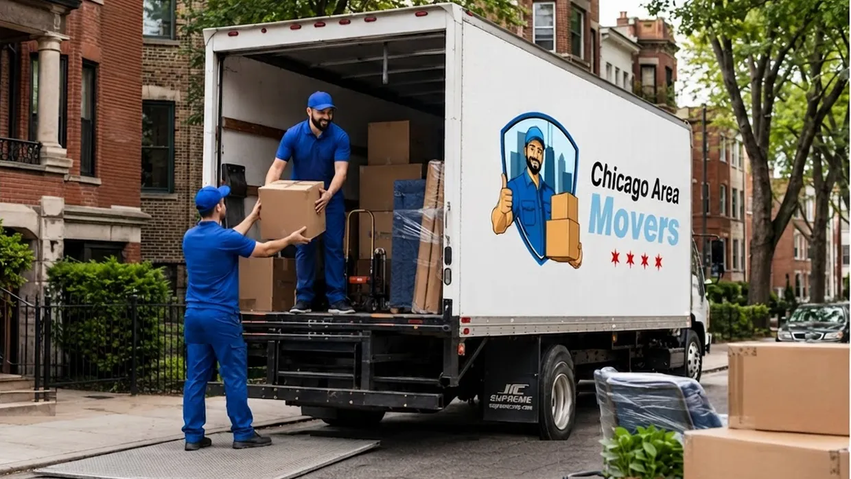 Two Chicago Area Movers crew passing a box from a truck lift gate to the sidewalk on a brick-lined street