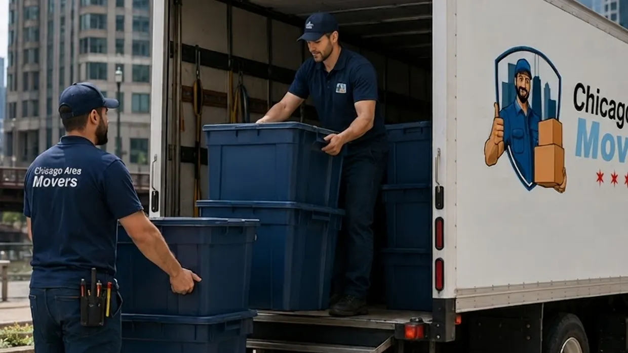 Chicago Area Movers crew loading blue storage bins into a truck near downtown high-rises