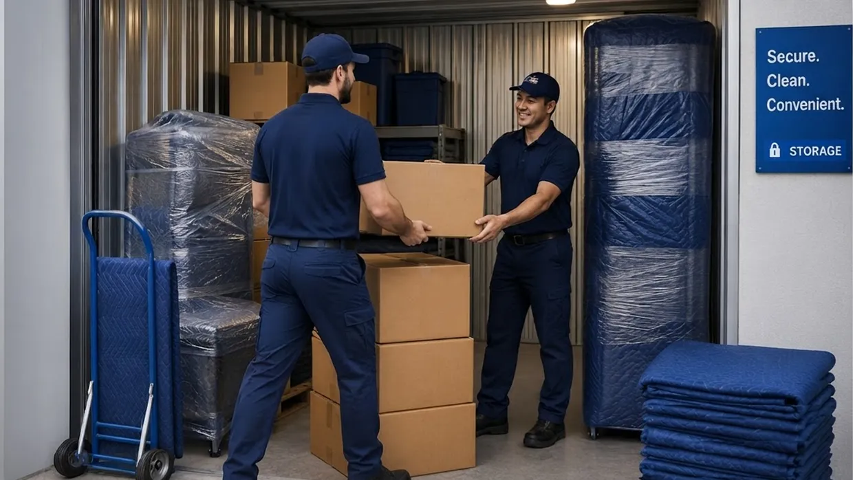 Two movers handing a box inside a storage unit next to a hand truck and stacked moving blankets