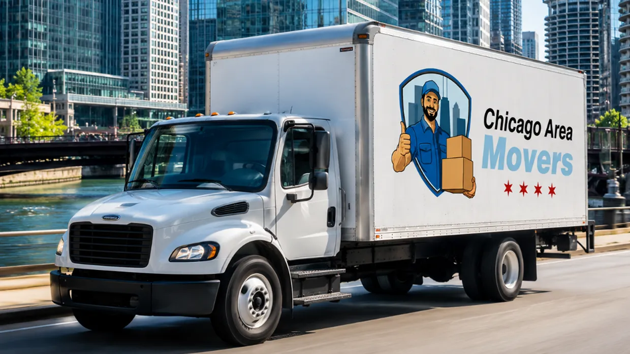 Chicago Area Movers box truck driving along the Chicago River with downtown buildings behind