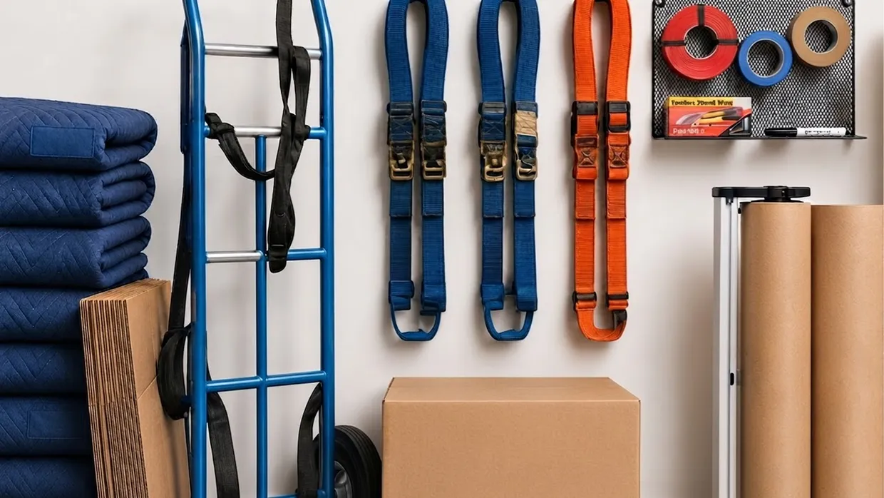 Moving blankets, hand truck, ratchet straps and kraft paper rolls arranged on a wall
