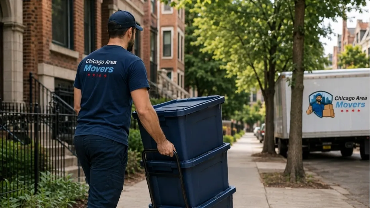 Chicago Area Movers crew member wheeling stacked blue bins down a tree-lined sidewalk, branded truck behind