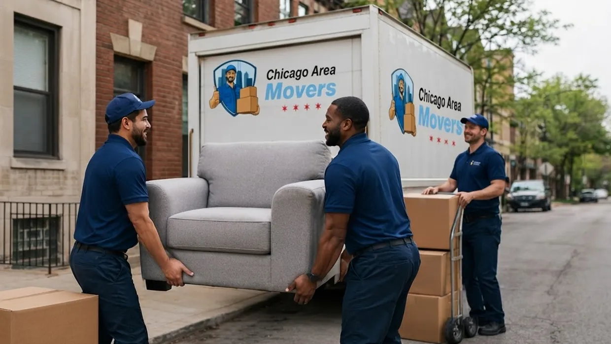 Three Chicago Area Movers crew members carrying a gray armchair past the branded truck on a Chicago side street