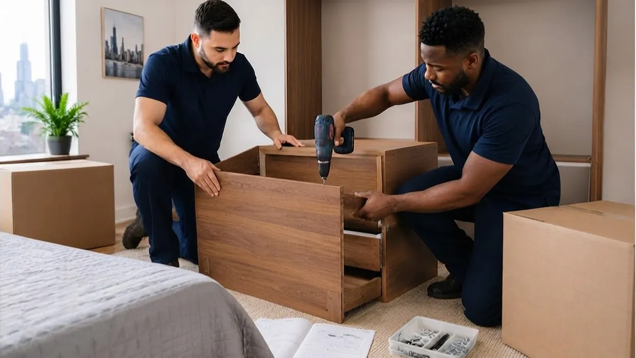 Two movers assembling a wood storage cabinet with a cordless drill beside a bed