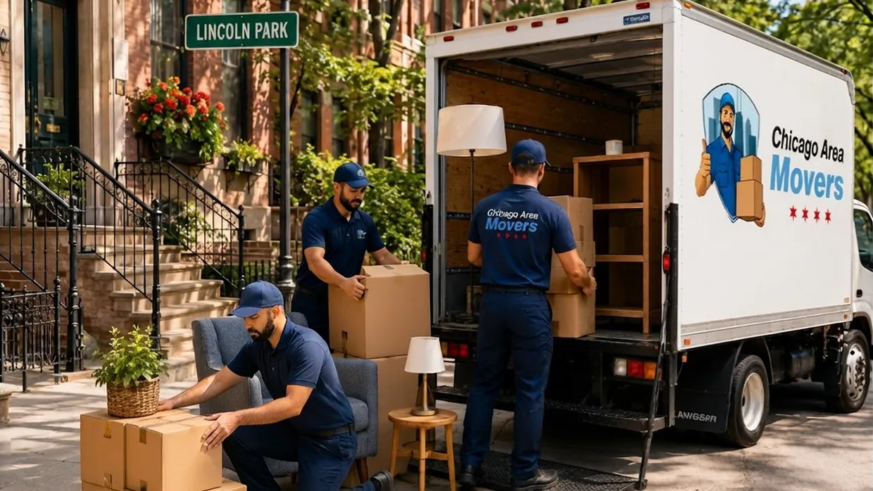 Chicago Area Movers crew loading a truck on a Lincoln Park street with an armchair, lamp and boxes at the curb