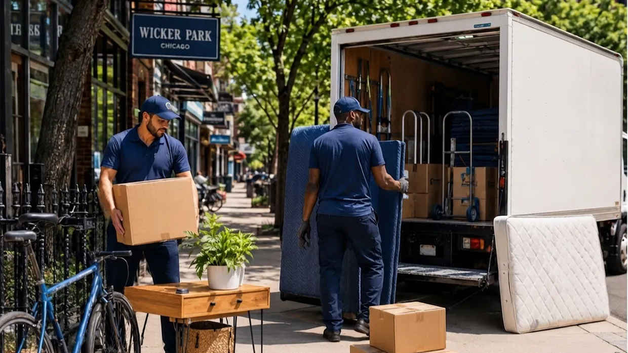 Two movers loading a mattress, blankets and boxes from a truck on a Wicker Park sidewalk
