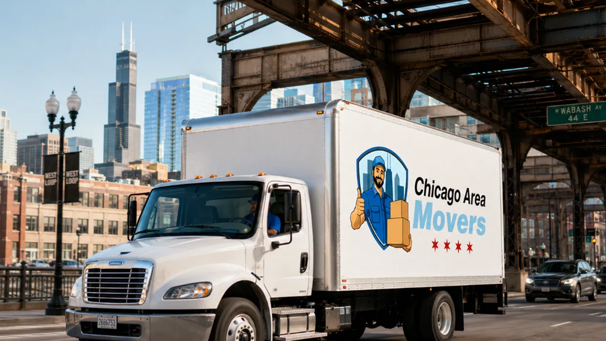 Chicago Area Movers box truck driving under the elevated train tracks in downtown Chicago
