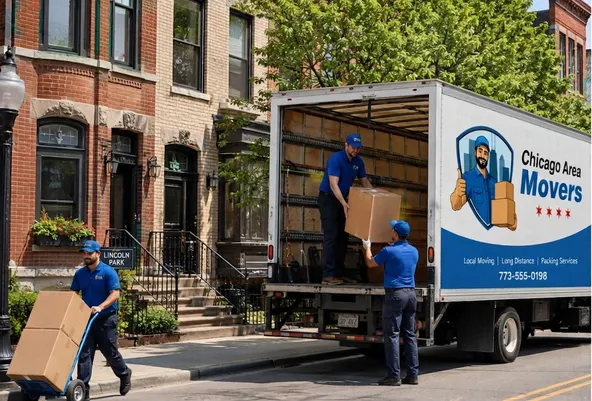 Movers carrying boxes into a Chicago high-rise building