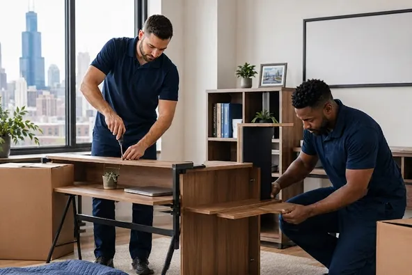 Movers wrapping a disassembled bed frame for transport