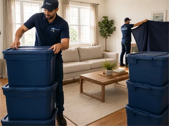 Movers loading a truck outside a Chicago apartment building