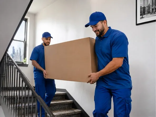 Mover taping shut a labeled moving box