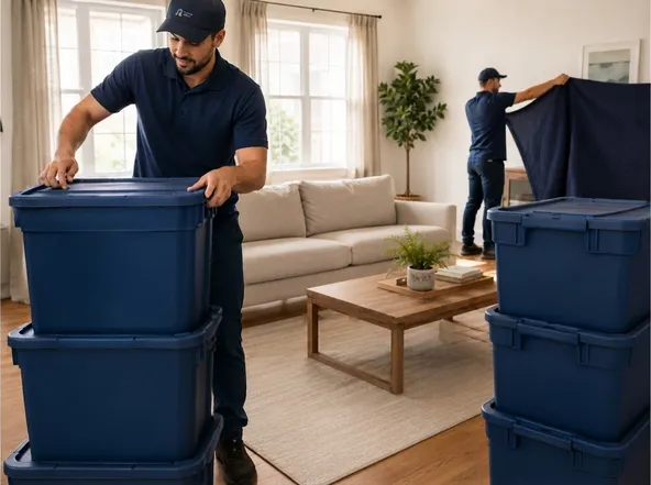Movers carrying furniture out of a small apartment
