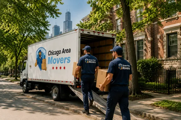 Chicago Area Movers truck and crew unloading boxes on a tree-lined street